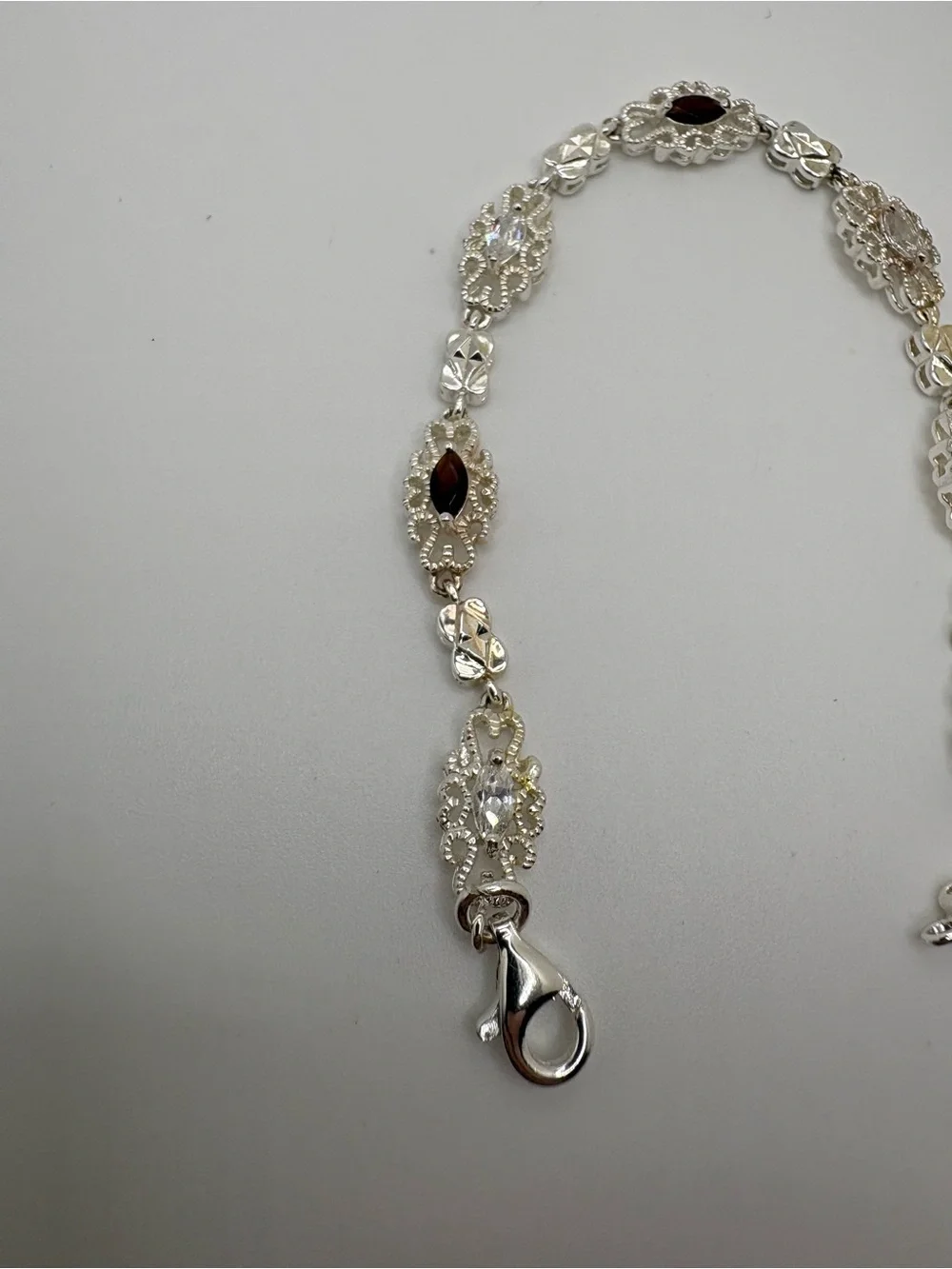 S925 Sterling Silver Filigree Link Bracelet CZ Tourmaline Tested 7” 9g